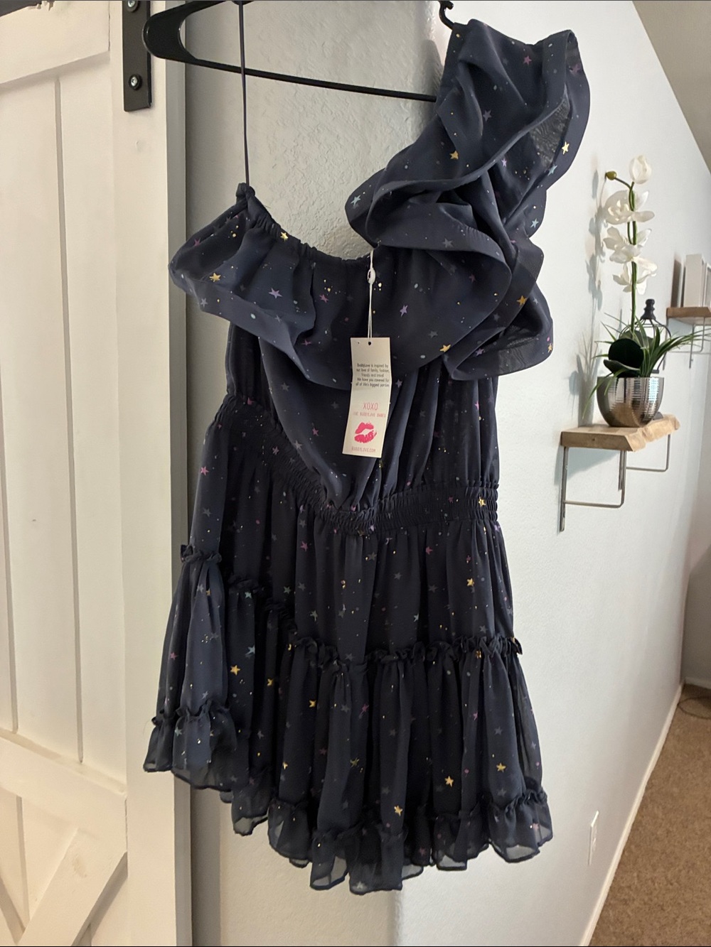 NWT !!!Buddy Love Navy One-Shoulder Ruffle Star-Print Dress